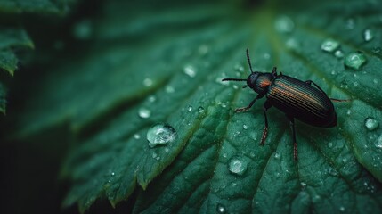 Fototapeta premium Close-Up of Colorful Insect on Leaf with Rain Drops, Nature Exploration, Detailed Macro Shot of Beetle in Natural Habitat, Greenery Background