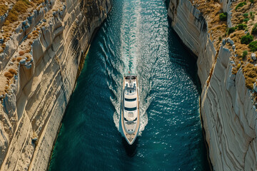 A luxury superyacht sails through the narrow Corinth Canal in Greece. Aerial top-down view with turquoise water, steep rocky walls, and precise cinematic symmetry.