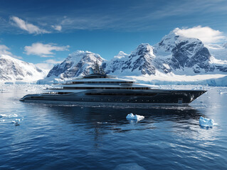 Luxury yacht sailing in Antarctic waters, side view from sea level. Icebergs and snow-covered mountains in the background on a bright sunny day. Concept of expedition yachting, polar travel 