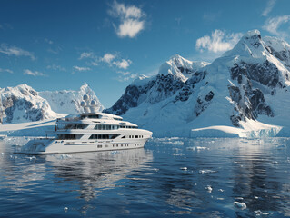 Luxury yacht sailing in Antarctic waters, side view from sea level. Icebergs and snow-covered mountains in the background on a bright sunny day. Concept of expedition yachting, polar travel 