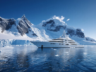 Luxury yacht sailing in Antarctic waters, side view from sea level. Icebergs and snow-covered mountains in the background on a bright sunny day. Concept of expedition yachting, polar travel 