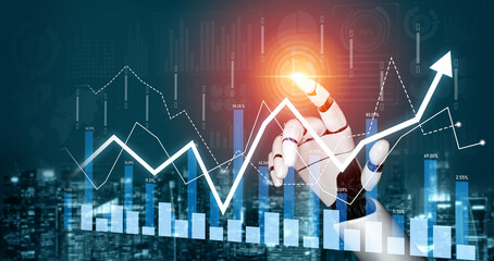 A futuristic robot hand interacts with a rising graph on a digital interface, symbolizing technological advancement in finance and data analysis over a city backdrop. Scalp
