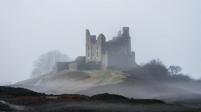 Eerie Fog Surrounding Ancient Castle Ruins on a Misty Hilltop