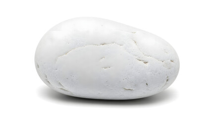 A single smooth white pebble stone with a subtle shadow on a pure white background, isolated on white.
