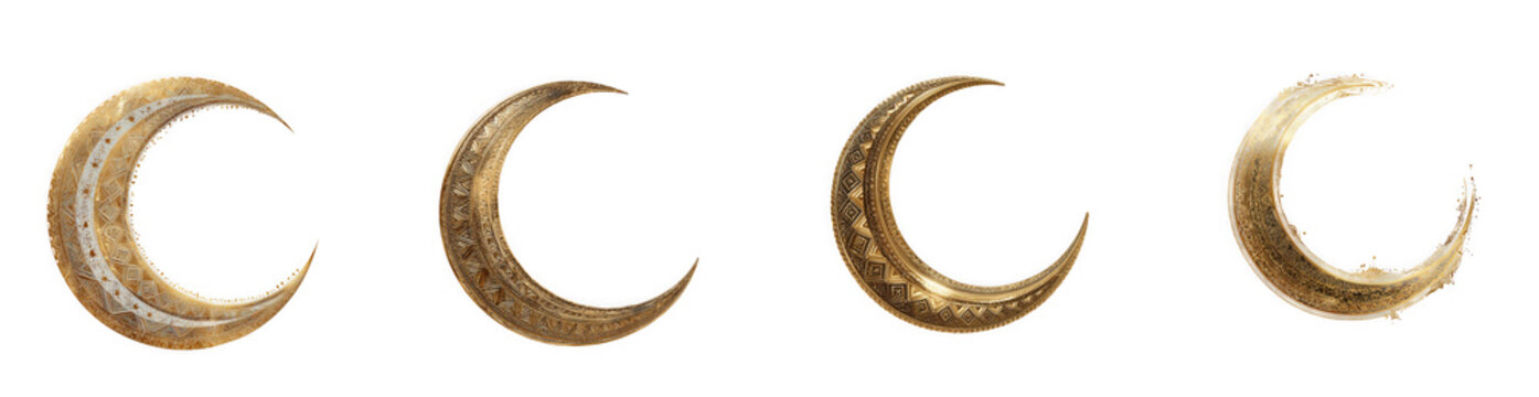 Four crescent moon phases depicted in a realistic speckled texture on transparent background high quality professional