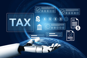 A robotic hand showcasing digital tax information surrounded by financial icons and data visualization elements, representing innovation in financial technology. Gantry