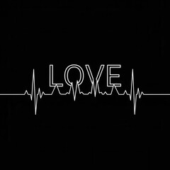 Obraz premium Minimalist heartbeat line forming word 'love' on black background, symbolizing passion and emotion