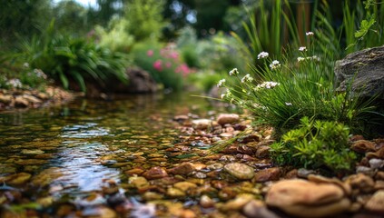 Obraz premium Scenic view of a clear stream with vibrant greenery and natural rock