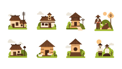 Traditional Asian Village Houses and People Flat Design Elements