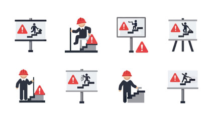 Construction Worker Safety Icons: Stairs and Danger Signs
