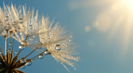 Obraz premium Close-up of dandelion seed head, water droplets, blue sky and sun