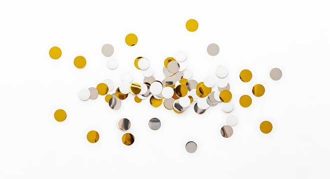 Overhead view of scattered gold and silver circular confetti on a white background
