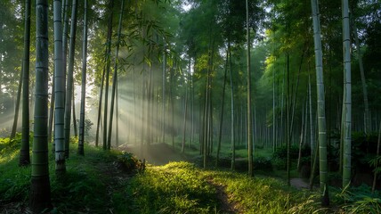 Obraz premium Enchanting Bamboo Forest with Magical Sun Rays Filtering Through Early Morning Mist