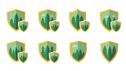 Forest Shield Icons with Trees and Sky - Nature Protection Concept