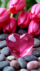 Obraz premium Beautiful pink heart among pebbles and tulips, serene mood, in elegant floral art style