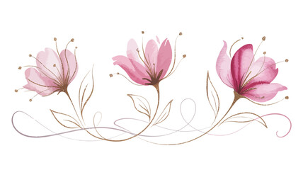 Delicate trio of pink watercolor style flowers adorned with elegant golden swirling stems, creating a beautiful decorative floral motif for various design projects © Lucky art