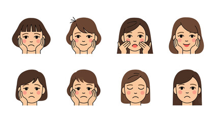 Set of Diverse Female Faces Showing Different Emotions and Expressions