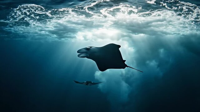 Underwater Ballet - Manta Rays Graceful Dance in Ocean Depths.