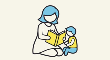 Fototapeta premium Mother reading a book to her young child together on the floor.
