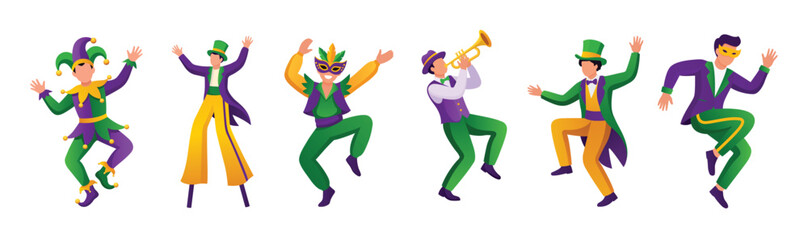 Mardi Gras Carnival Dancers and Musicians in Purple Green and Gold