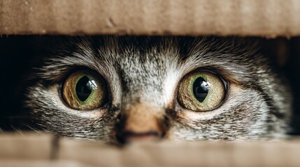 Close-Up of Cat's Striking Green Eyes Peering Curiously from a Cardboard Box in a Cozy Indoor Setting, Evoking a Sense of Playfulness and Wonder