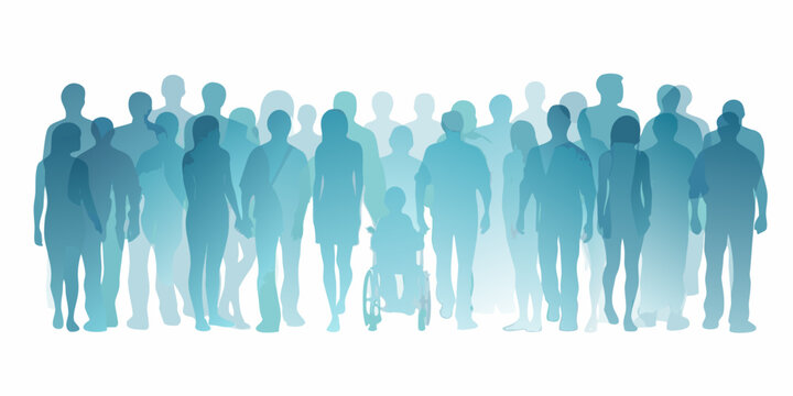 Abstract blue silhouettes of a crowd of people standing together
