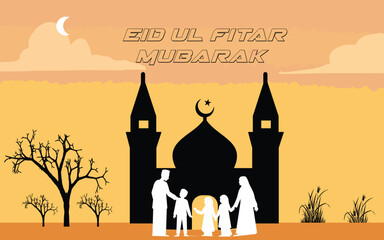 Eid ul-Fitr Mubarak Family Mosque Silhouette Illustration template