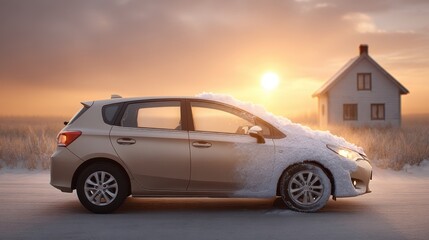 Obraz premium Side view of a car covered in snow parked on a snowy road with a house in the background during a winter sunset with copy space
