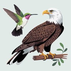 Majestic Bald Eagle Perched on a Branch with a Hummingbird in Flight