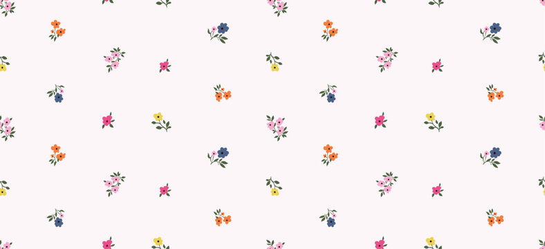 Colorful confetti on white background creates a seamless vector pattern with pink floral hearts for a festive Valentine holiday illustration or baby wallpaper design