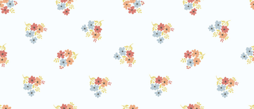 Hand drawn Beautiful cute pink red small roses flowers seamless pattern for textile, floral botanical ditsy fashion fabric print. Vector illustration background. Baby summer dress print