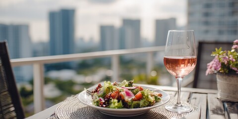 Obraz premium Light lunch on sunlit balcony table: salad and glass of rose, distant city skyline softened by spring haze. A moment of quiet refreshment with urban charm.
