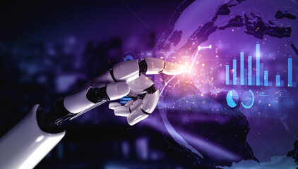 A futuristic robotic hand reaches out to interact with a digital globe and graphs, symbolizing the integration of technology, data analysis, and artificial intelligence in modern life. Scalp