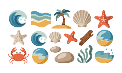 Fototapeta premium Beach And Sea Objects Minimal Flat Vector Set , easily editable 