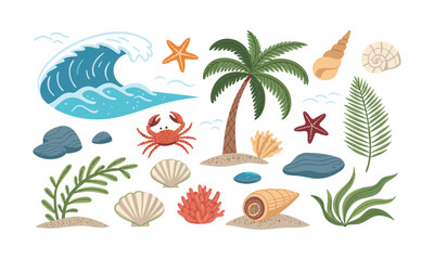 Coastal Nature Objects Flat Vector Illustration Set , easily editable 
