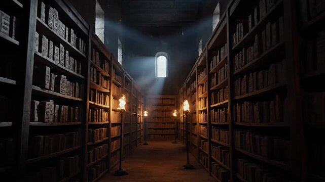 Cinematic Shot of Ancient Mysterious Library Corridor with Burning Torches and Dust