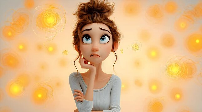 A cartoon woman with her hand on her chin and a contemplative expression