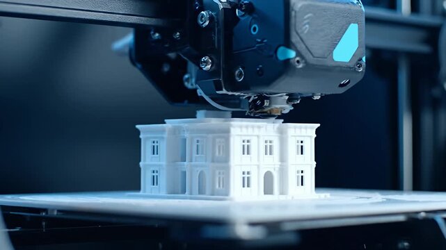3D Printer Creating Detailed Architectural Model of a Classical Mansion