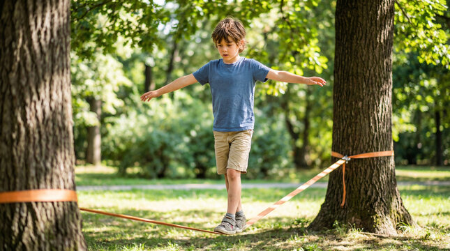 Young boy balancing on slackline between two trees in park  