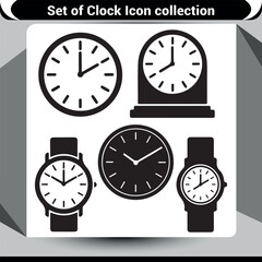 Collection of silhouette icons featuring circular and rectangular clocks, with modern and vintage styles
