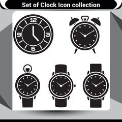 Collection of black silhouette icons featuring pocket watches, alarm clocks, and analog timepieces