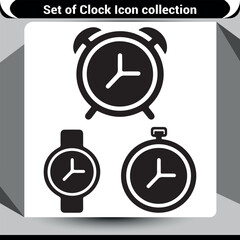 Set of Solid Black Clock Icons: Alarm Clock, Wristwatch, and Stopwatch for Modern Design