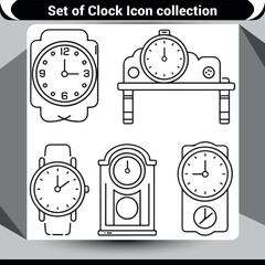 Assortment of Clock Icons in Outline Style: Analog Watch, Table Clock, and Wall Clock Designs