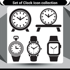 Group of Black Clock Icons: Classic Alarm Clock, Modern Wristwatches, and Stylish Timepieces