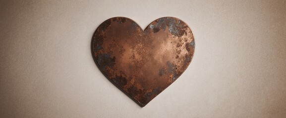Obraz premium Metallic copper heart with weathered patina texture isolated on neutral background for romantic design projects and Valentine decorations