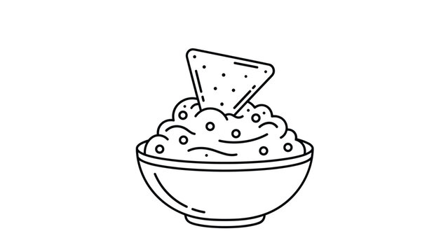 Simple black and white line art drawing of a bowl filled with chunky guacamole and a single corn tortilla chip dipping into it.
