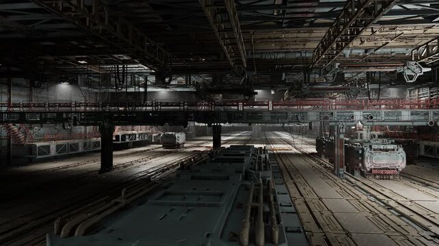 wide angle view of train depot interior with strong depth and repeating carriages, textured floor and overhead structure emphasize scale and geometry, evocative