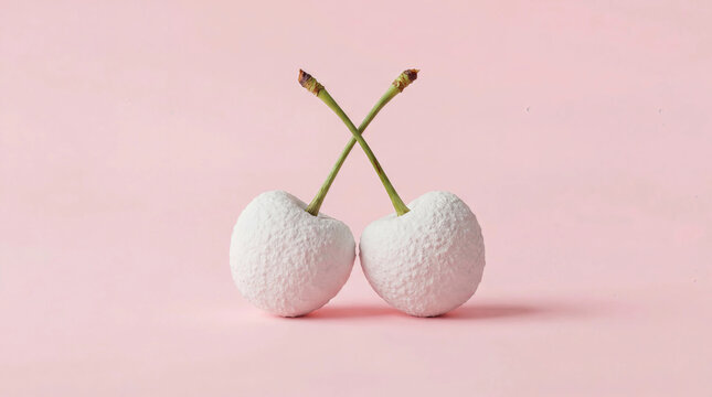 Two white, textured cherries with green stems create a playful 'X' shape on a soft pink backdrop.