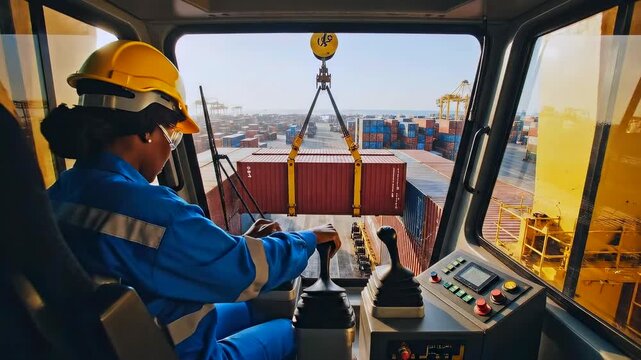 operator in cabin controlling container lift with joystick - helmeted crane operator focused on controls and viewport - detailed control panel and harbor background with steady precise motion
