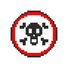 Skull and bones pixel sign, virus skull icon, 8 bit hacker cyber computer.